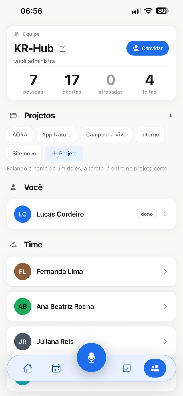 A equipe, os projetos e o que cada um tem em aberto